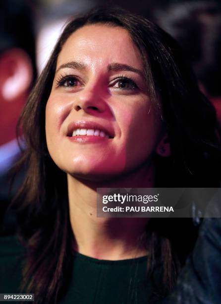 Ines Arrimadas, center-right party Ciudadanos candidate for the upcoming Catalan regional election looks on as she attends a campaign meeting in...