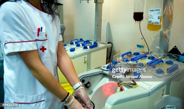 February 14, 2008. Madrid, Spain. Red Cross Blood Donation Center Selective blood donation called apheresis. Apheresis machine. Apheresis is a...