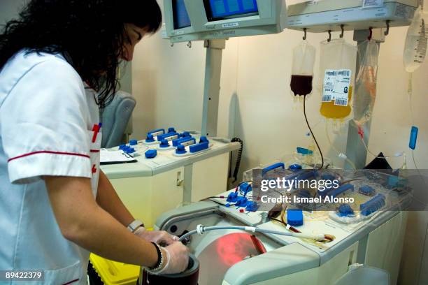 February 14, 2008. Madrid, Spain. Red Cross Blood Donation Center Selective blood donation called apheresis. Apheresis machine. Apheresis is a...