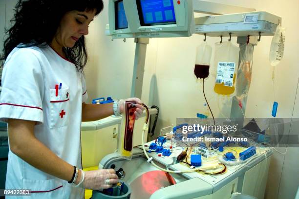 February 14, 2008. Madrid, Spain. Red Cross Blood Donation Center Selective blood donation called apheresis. Apheresis machine. Apheresis is a...