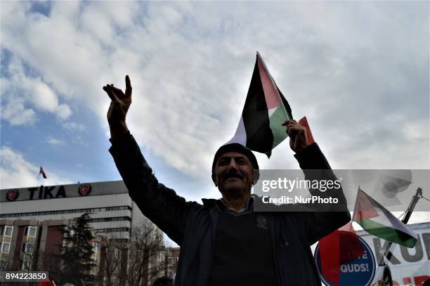 Man holding a Palestinian flag poses for a photo as pro-Palestinian protesters take part in a rally against U.S. President Donald Trump's recognition...