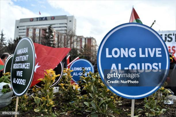 Placards are displayed as pro-Palestinian protesters take part in a rally against U.S. President Donald Trump's recognition the city of Jerusalem as...