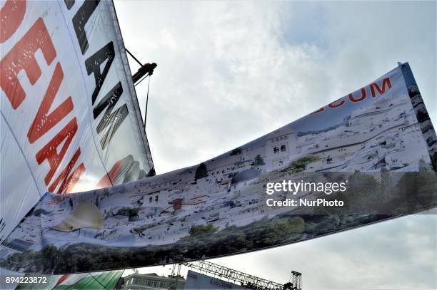 Giant banner is displayed as pro-Palestinian protesters take part in a rally against U.S. President Donald Trump's recognition the city of Jerusalem...