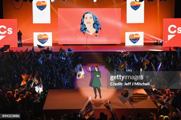 Candidate for the center-right party Ciudadanos, Ines Arrimadas, addresses a rally ahead of the forthcoming Catalan parliamentary election on...