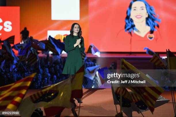 Candidate for the center-right party Ciudadanos, Ines Arrimadas, addresses a rally ahead of the forthcoming Catalan parliamentary election on...