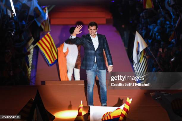 Leader of the center right party Ciudadanos, Albert Rivera, addresses a rally ahead of the forthcoming Catalan parliamentary election on December 17,...