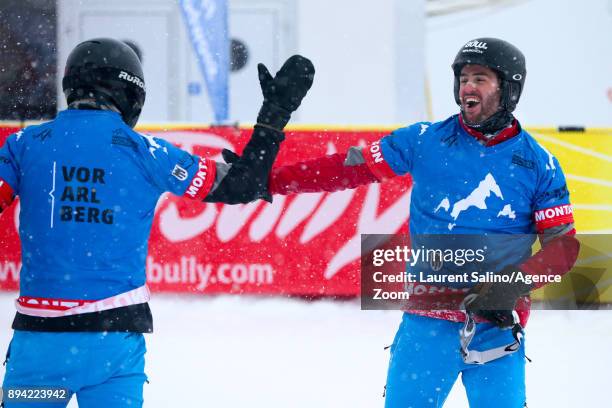 Lucas Eguibar and Regino Hernandez of Spain take 1st place during the FIS Freestyle Ski World Cup, Men's and Women's Ski Snowboardcross on December...