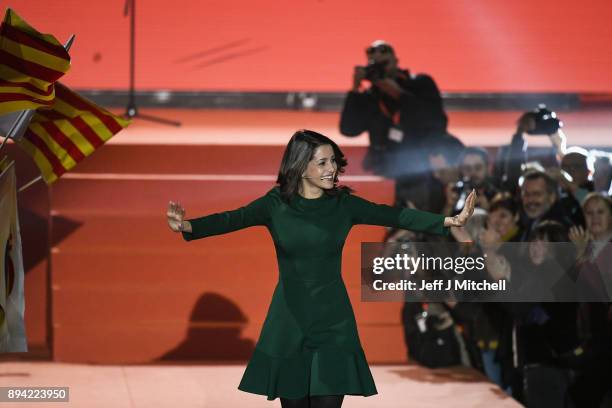 Candidate for the center-right party Ciudadanos, Ines Arrimadas, addresses a rally ahead forthcoming Catalan parliamentary election on December 17,...