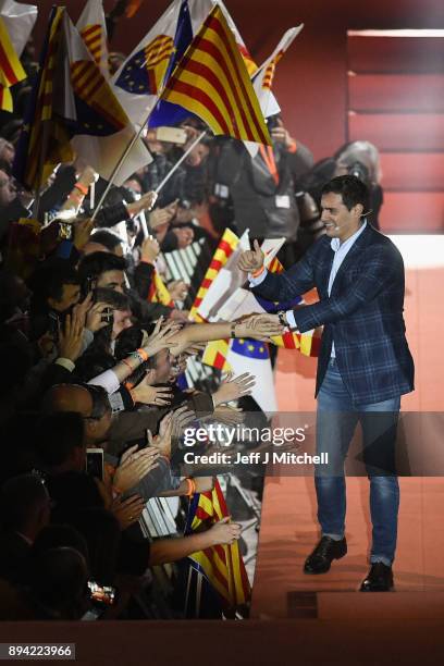 Leader of the center right party Ciudadanos, Albert Rivera, addresses a rally ahead of the forthcoming Catalan parliamentary election on December 17,...