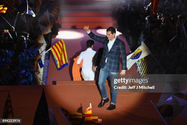 Leader of the center right party Ciudadanos, Albert Rivera, addresses a rally ahead of the forthcoming Catalan parliamentary election on December 17,...