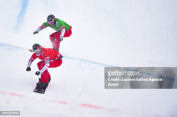 Chloe Trespeuch of France takes 1st place, Manon Petit Lenoir of France competes during the FIS Freestyle Ski World Cup, Men's and Women's Ski...