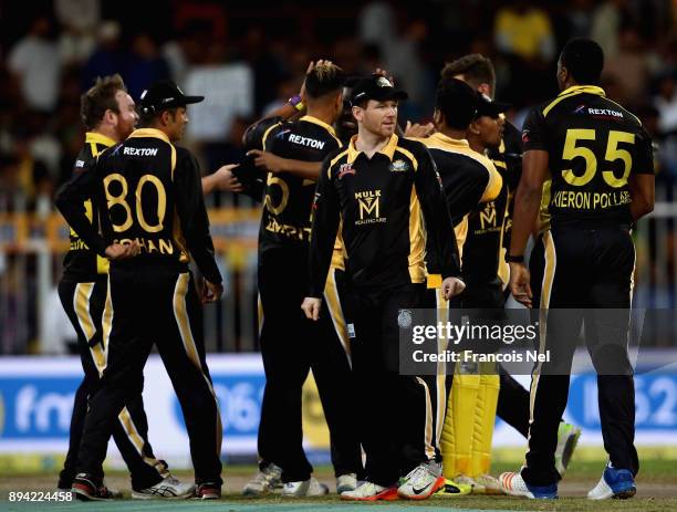 Eoin Morgan of Kerela Kings looks on during the T10 League semifinal match between Kerela Kings and Maratha Arabians at Sharjah Cricket Stadium on...