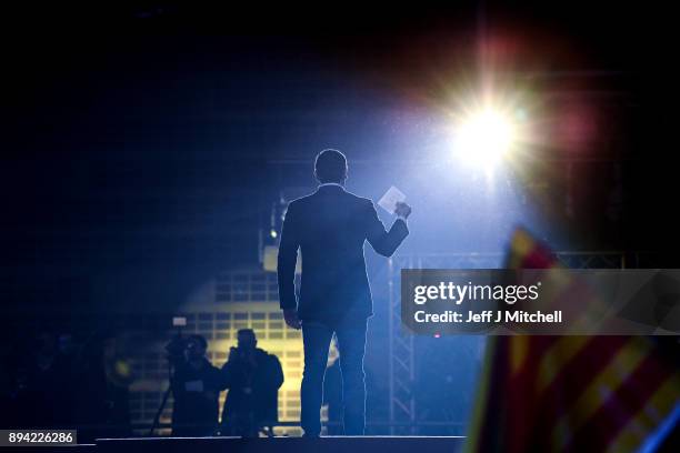 Leader of the center right party Ciudadanos, Albert Rivera, addresses a rally ahead of the forthcoming Catalan parliamentary election on December 17,...