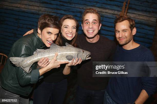 Jenn Colella, Alex Finke, Ben Platt and Chad Kimball pose backstage at the hit musical "Come From Away" on Broadway at The Schoenfeld Theater on...