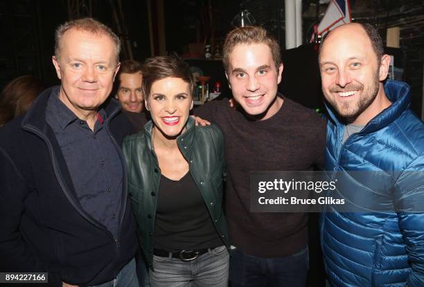 Lee MacDougall, Chad Kimball, Jenn Colella, Ben Platt and Geno Carr pose backstage at the hit musical "Come From Away" on Broadway at The Schoenfeld...