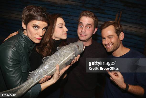 Jenn Colella, Alex Finke, Ben Platt and Chad Kimball pose backstage at the hit musical "Come From Away" on Broadway at The Schoenfeld Theater on...