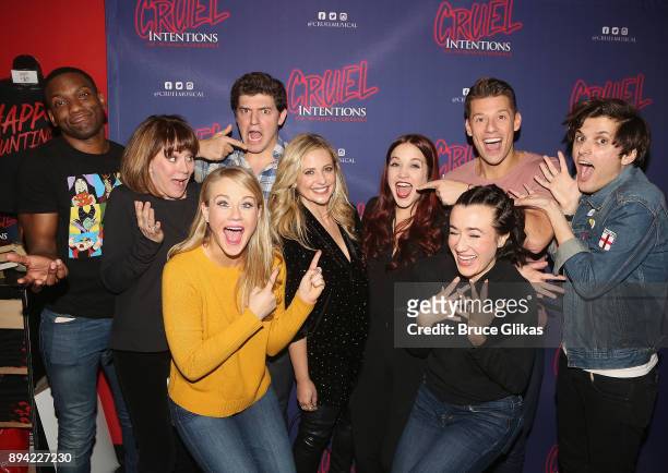 Sarah Michelle Gellar poses with the cast backstage at the new musical based on the 1999 film "Cruel Intentions" at Le Poisson Rouge Theatre on...
