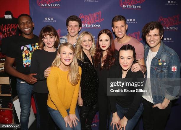 Sarah Michelle Gellar poses with the cast backstage at the new musical based on the 1999 film "Cruel Intentions" at Le Poisson Rouge Theatre on...