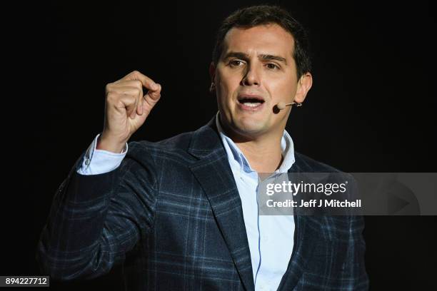 Leader of the center right party Ciudadanos, Albert Rivera, addresses a rally ahead of the forthcoming Catalan parliamentary election on December 17,...