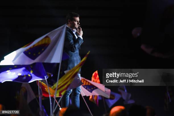 Leader of the center right party Ciudadanos, Albert Rivera, addresses a rally ahead of the forthcoming Catalan parliamentary election on December 17,...