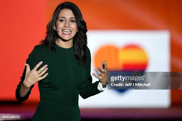 Candidate for the center-right party Ciudadanos, Ines Arrimadas, addresses a rally ahead of the forthcoming Catalan parliamentary election on...