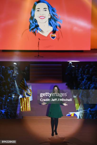Candidate for the center-right party Ciudadanos, Ines Arrimadas, addresses a rally ahead of the forthcoming Catalan parliamentary election on...