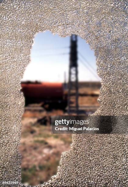 Train window cracked.