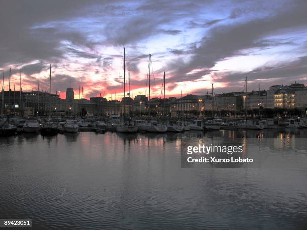 Coruna, Spain. Sunset. Yachts in the port of the Parrote.