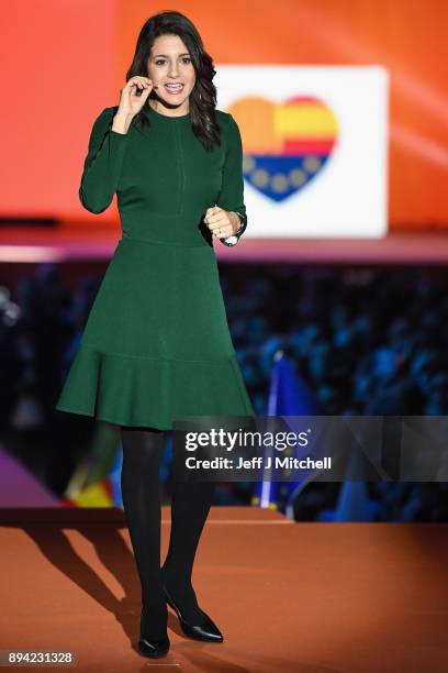 Candidate for the center-right party Ciudadanos, Ines Arrimadas, addresses a rally ahead of the forthcoming Catalan parliamentary election on...