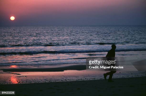 Sunset in a beach. A man running.