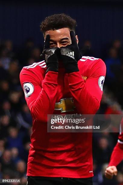 Jesse Lingard of Manchester United celebrates after scoring his sides second goal during the Premier League match between West Bromwich Albion and...
