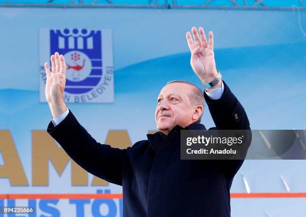 President of Turkey and Leader of the Justice and Development Party Recep Tayyip Erdogan gestures during a mass opening ceremony at July 15 Aktekke...