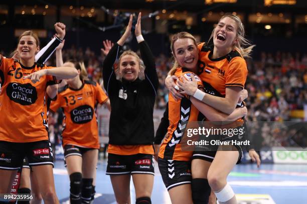 Lois Abbingh and Estavana Polman of Netherlands celebrate after the IHF Women's Handball World Championship 3rd place match between Netherlands and...