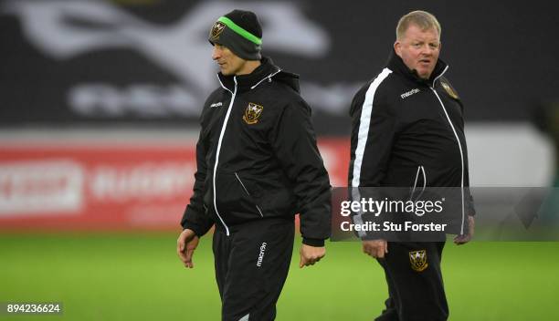Saints Interim head coach Alan Dickens and Dorian West look on before the European Rugby Champions Cup match between Ospreys and Northampton Saints...