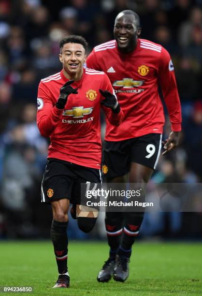 Jesse Lingard of Manchester United celebrates after scoring his sides second goal during the Premier League match between West Bromwich Albion and...