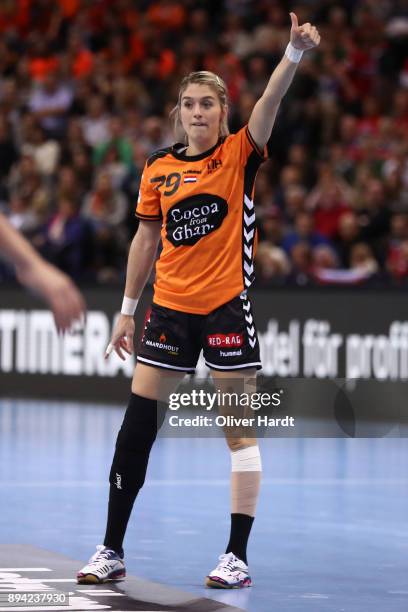 Estavana Polman of Netherlands gesticulated during the IHF Women's Handball World Championship 3rd place match between Netherlands and Sweden at...