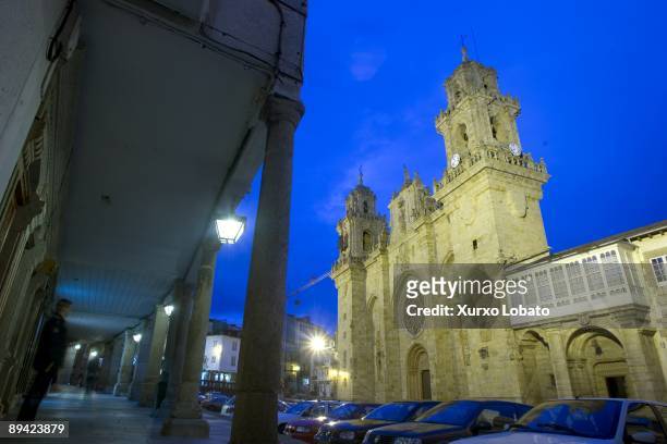 Night view of the Cathedral of Mondonedo , built in the XIII century in Gothic style, with Baroque elements of the XVIII century.