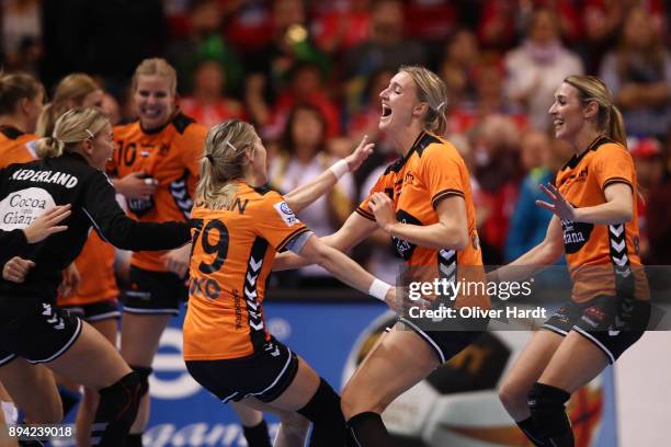 Estavana Polman and Kelly Dulfer of Netherlands celebrate after the IHF Women's Handball World Championship 3rd place match between Netherlands and...