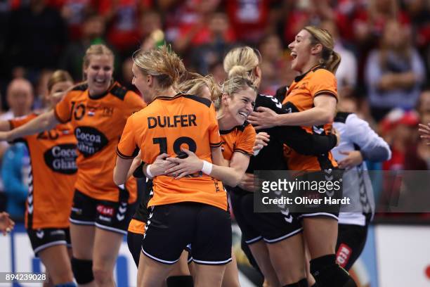 Estavana Polman and Kelly Dulfer of Netherlands celebrate after the IHF Women's Handball World Championship 3rd place match between Netherlands and...