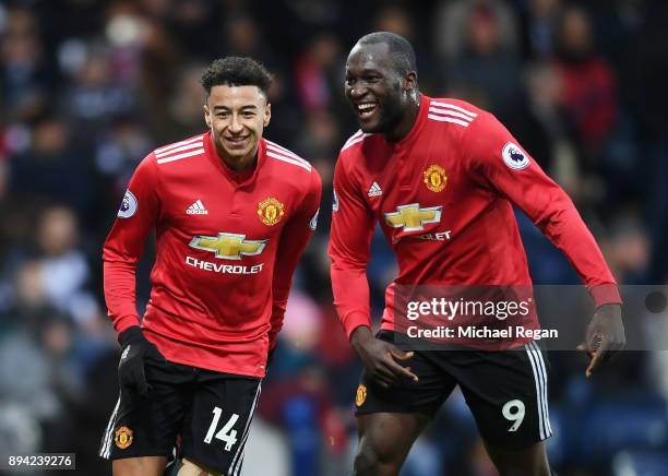 Jesse Lingard of Manchester United celebrates with teammate Romelu Lukaku after scoring his sides second goal during the Premier League match between...