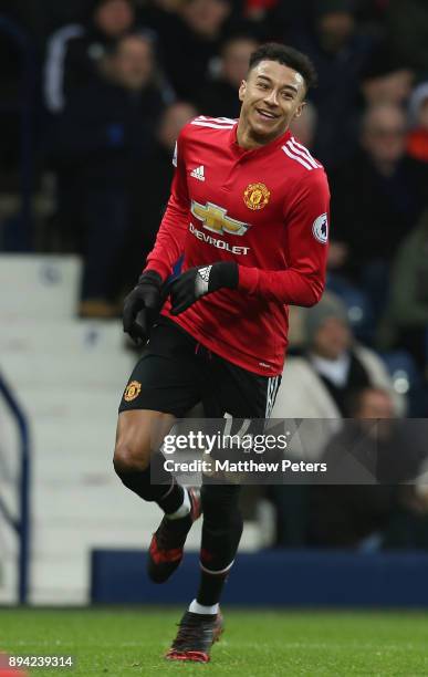 Jesse Lingard of Manchester United celebrates scoring their second goal during the Premier League match between West Bromwich Albion and Manchester...