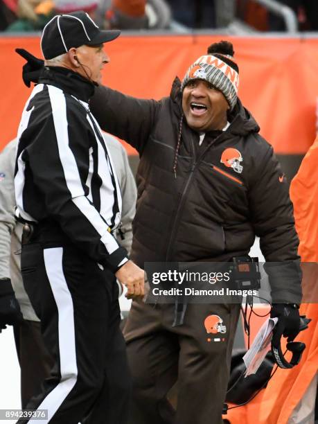 Head coach Hue Jackson of the Cleveland Browns argues a defensive penalty call with an official in the fourth quarter of a game on December 10, 2017...