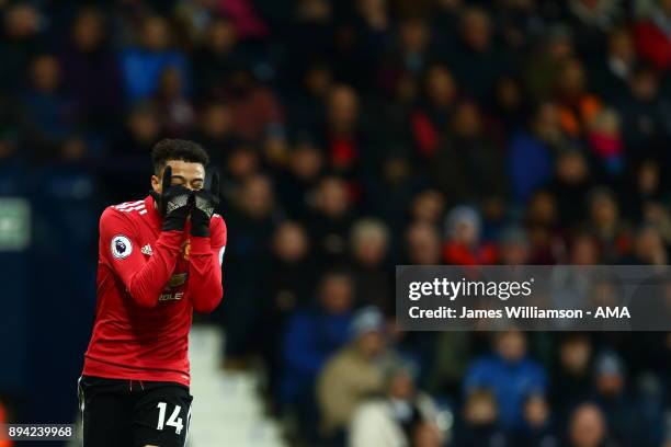 Jesse Lingard of Manchester United celebrates after scoring a goal to make it 2-0 during the Premier League match between West Bromwich Albion and...