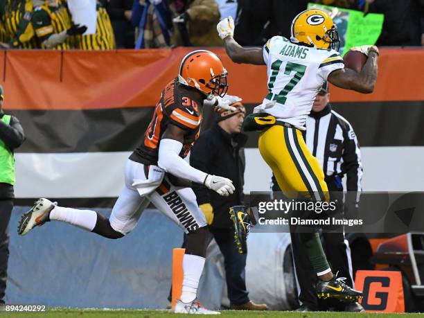 Wide receiver Davante Adams of the Green Bay Packers scores the game winning touchdown as he is pursued by cornerback Jason McCourty of the Cleveland...