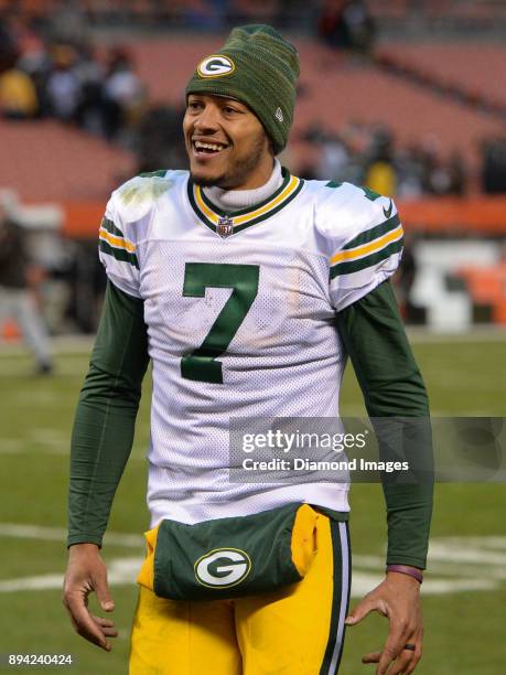 Quarterback Brett Hundley of the Green Bay Packers walks off the field after a game on December 10, 2017 against the Cleveland Browns at FirstEnergy...