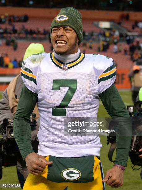 Quarterback Brett Hundley of the Green Bay Packers gestures toward the crowd as he walks off the field after a game on December 10, 2017 against the...