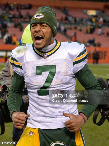 Quarterback Brett Hundley of the Green Bay Packers gestures toward the crowd as he walks off the field after a game on December 10, 2017 against the...