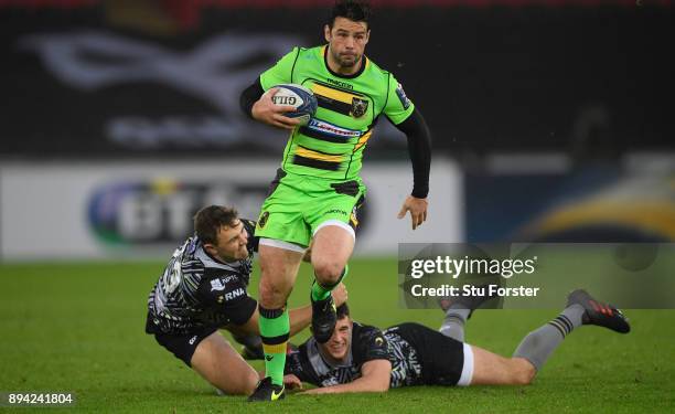 Saints fullback Ben Foden makes a break during the European Rugby Champions Cup match between Ospreys and Northampton Saints at Liberty Stadium on...