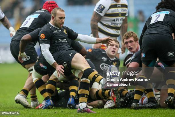 Wasps' Dan Robson clears during the European Rugby Champions Cup match between Wasps and La Rochelle at Ricoh Arena on December 17, 2017 in Coventry,...