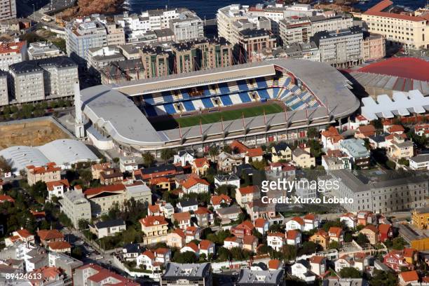 Aerial view of the Riazor Stadium and the neighborhood City Garden in La Coruna. Galicia.